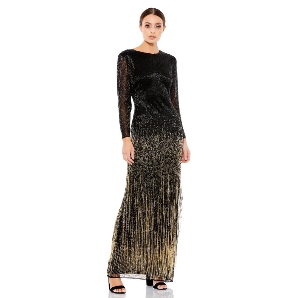 Mac Duggal 93584 LONG SLEEVE BEADED FRINGE EVENING GOWN